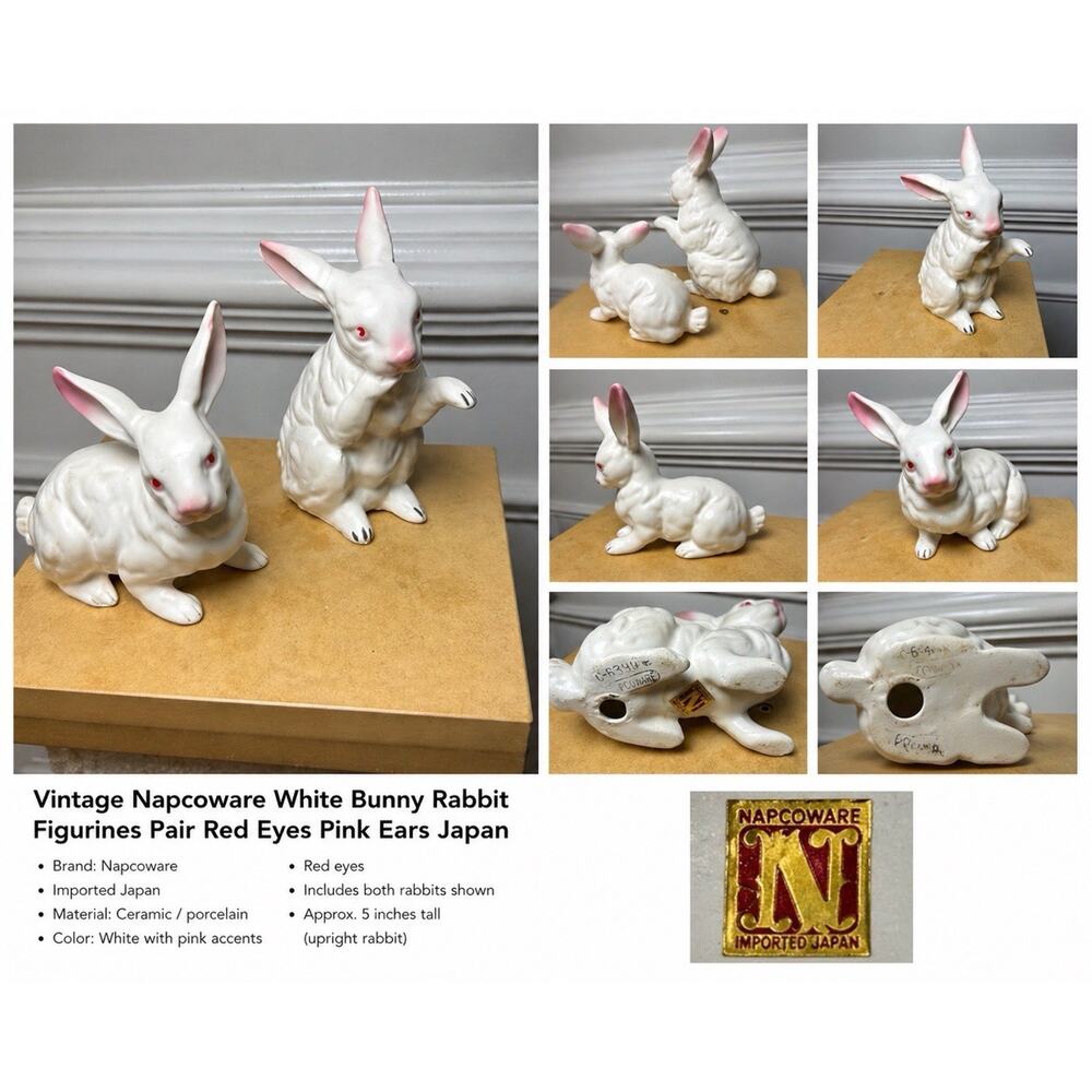 Vintage Napcoware White Bunny Rabbit Figurines Pair Red Eyes Pink Ears Japan